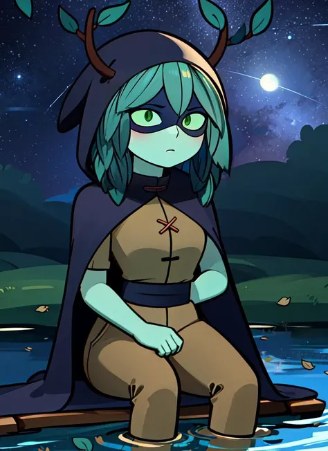 ((best quality)), ((highly detailed)), masterpiece, absurdres, extremely detailed face, beautiful face, (detailed eyes, deep eyes), (1girl),upper body, <lora:hairdetailer:.6>, <lora:huntress_wizard:.8>, huntress_wizard, green hair, leaf, green eyes, green sclera, green screen, <lora:coloredSkin:0.35>, colored skin, green skin, medium breasts, eyemask, mask, horns, hood, black cloak, (long cloak), short sleeves, (brown pants), kneeboots, grey footwear, (outdoors, at a pond, partially submerged, night, night sky, stars, blue moon, shooting star, telescope)