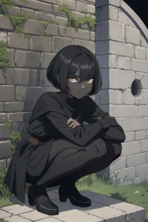 a 18 year old woman, short black hair, pitch black skin, black skin, very tall, skinny, squatting on a medieval city wall