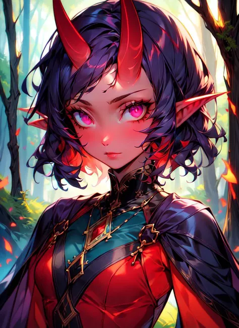 ((best quality)), ((highly detailed)), masterpiece, absurdres, detailed face, beautiful face, (detailed eyes, deep eyes), <lora:more_details:.5>, (1girl), cowboy shot, <lora:Tiefling_v1:1>, tiefling, dungeons and dragons, short hair, red hair, purple eyes, ((glowing eyes)), horns, pointy ears, <lora:ColoredSkin:.3>, colored skin, red skin, small breasts, ring, (in a dense forest, forest canopy, dawn, sunrise)