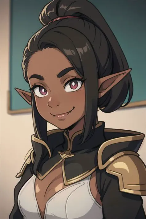 solo, 25 years old elf woman, black long ponytail, dark tan, coffee skin, white pupils, smirking, fantasy leather armor, pointy ears, elf ears, face detail, high quality,