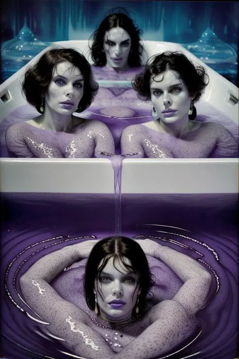 An astonishing award winning photograph, sexy brunette mad-scientist, examining freakish clones with purple bloated bodies, laying in a bath of white syrupy liquid , pulp-sf, weird future fashion, grainy film, overexposed, 1960s retrofuturism