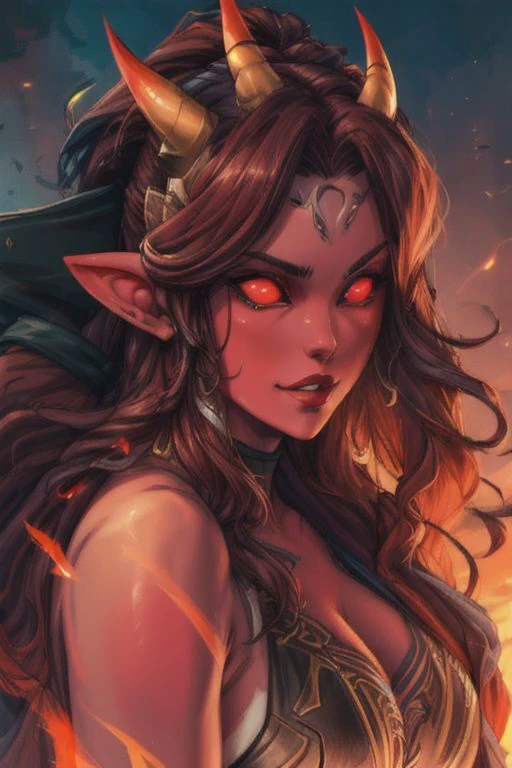 busty, western female, sunset fantasy medival town fantasy arrogant messy absurdly long curly 80s big brown hair blowing round face slim ultimate quality red eyes young posh,<lora:windv3:1> thick lips, pout, amused flirty grin close up, high quality skin, ultimate quality, cinematic lighting, looking at viewer, skinny, from the front, big boobs, straight hair, portrait, close up on face. lana rhoades, plunging black robe bodice, highly detailed, high resolution, shoulders bare, high quality skin, tanned shiny skin, arms up, elbow squeeze, long elf ears, sleeveless, very high quality eyes, bee stung lips, defined, very high quality, loose robes, hair blowing in wind, bare arms, huge tits, tiefling, red skin, glowing red eyes, cleavage, curly horns, red sclera, glowing eyes