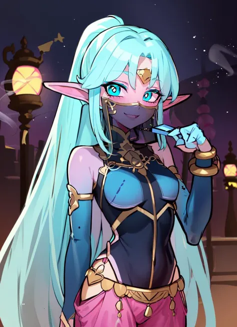 ((best quality)), ((highly detailed)), masterpiece, absurdres, detailed face, beautiful face, (detailed eyes, deep eyes), (1girl), upper body, (((genie))), (very long hair), (purple hair), high ponytail, purple eyes, ((pointed ears)), <lora:ColoredSkin:.4>, (colored skin), (((aqua skin:1.44))), medium breasts, hourglass figure, big hips, smiling, , <lora:Concept_mouthveil:1>, mouth veil, ((((pink <lora:curtain:1>, scurtain), (pink harem outfit), pink harem pants, pants, see-through pants, Arabian clothes))), detached sleeves, pink sleeves, transparent clothes, barefoot, anklet, shackles, oil lamp, ((smoke)), (outside, at a town, dawn, sunrise), <lora:pas style:.8>