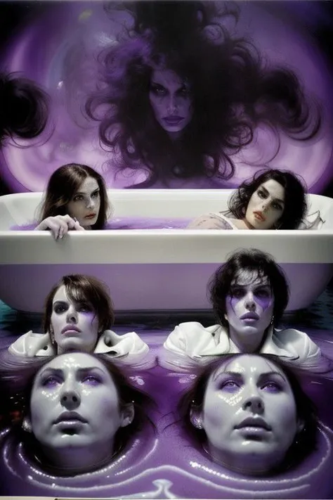 An astonishing award winning photograph, sexy brunette mad-scientist, examining freakish clones with purple bloated bodies, laying in a bath of white syrupy liquid , pulp-sf, weird future fashion, grainy film, overexposed, 1960s retrofuturism