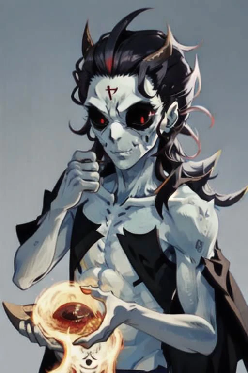 ASCII1_person, <lora:ColoredSkinv309:0.7>(red_skin, person), flat_face, black_sclera, ((spiky_hair, stiff_hair, quill_hair, straight_hair)), ((forehead_horn, oni_horn, bone_horn, silver_horn, 1_horn)), ((no_nose:1.2, nasal_slits:1.2, ghoul_nose)), masculine_body, clothed, robe, close_up, face_focus, ((4_fingers_no_thumbs)), ((inhuman)), high_quality, ultra_quality, <FastNegativeV2>