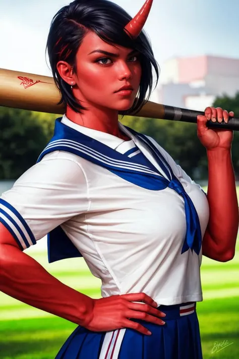 score_9, score_8, score_7, masterpiece, absurdres, ((realism)), ((perfect anatomy)), extremely detailed, volumetric lighting, high school, outdoors, 
1girl, oni, red skin, single horn, holding a baseball bat resting on her shoulder, school uniform, muscles, short black hair, pixie cut hairstyle, glaring at viewer, wide stance, hand on hip, beautiful, 
 <lora:0n1 - RedOni:0.1>  <lora:ColoredSkin:0.6>