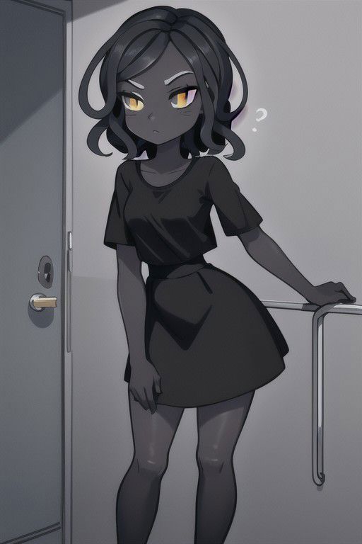 A cartoon girl in a short dress standing in front of a door - SeaArt AI