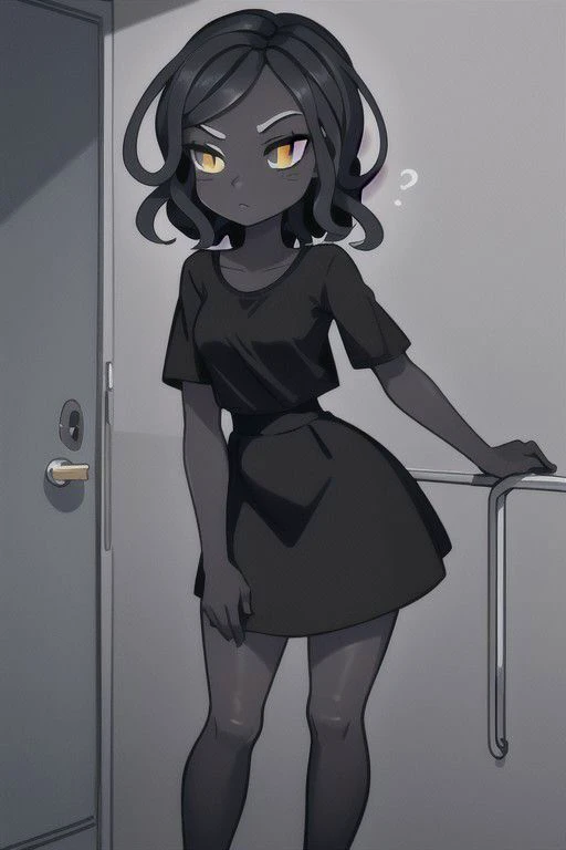 a 18 year old, woman, short black hair, pitch black skin, black skin, very tall, skinny