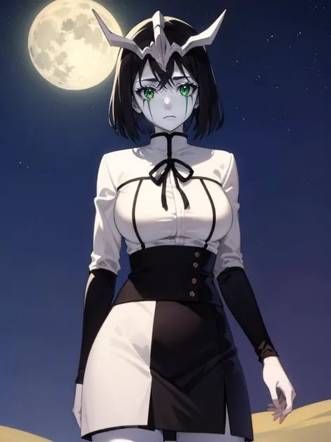 (best quality), (ultra-detailed), (best illustration), (best shadow), masterpiece, high res, (1girl, solo), ulquiorra, (colored skin, white skin:1.5, black hair, facial_mark, green eyes, white headpiece), neutral expression, <lora:concept_coloredSkinLoha_v219:1>
