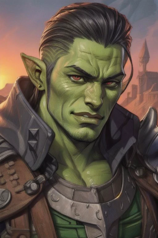Male, Masculine, sunset fantasy medieval town fantasy Jawline, evil grin, proud, young man, short spiky messy black hair muscled <lora:windv3:1 close up, high quality skin, ultimate quality, cinematic lighting, looking at viewer, thick, from the front, portrait, close up on face. highly detailed, high resolution, high quality skin, very high quality face, low cut leather armor man, young man, pointed ears, green skin, red eyes, pointy lower teeth, orc, orc face, shirtless, muscled chest