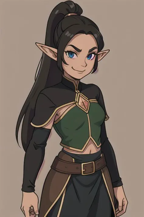 solo, 25 years old elf woman, black long ponytail, dark tan, mature face, smirking, fantasy leather armor, pointy ears, elf ears, face detail, high quality,