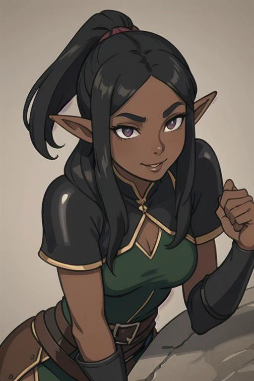 solo, 25 years old elf woman, black hair, long ponytail, dark skin, mature face, happy, fantasy leather armor, pointy ears, elf ears, face detail, high quality,