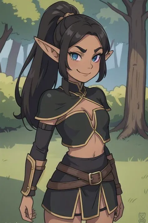 solo, 25 years old elf woman, black long ponytail, dark tan, mature face, smirking, fantasy leather armor, pointy ears, elf ears, face detail, high quality,