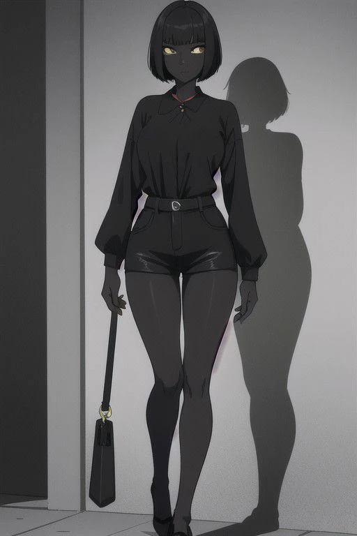 a 18 year old woman, short black hair, pitch black skin, black skin, very tall, skinny, lurking in the shadows