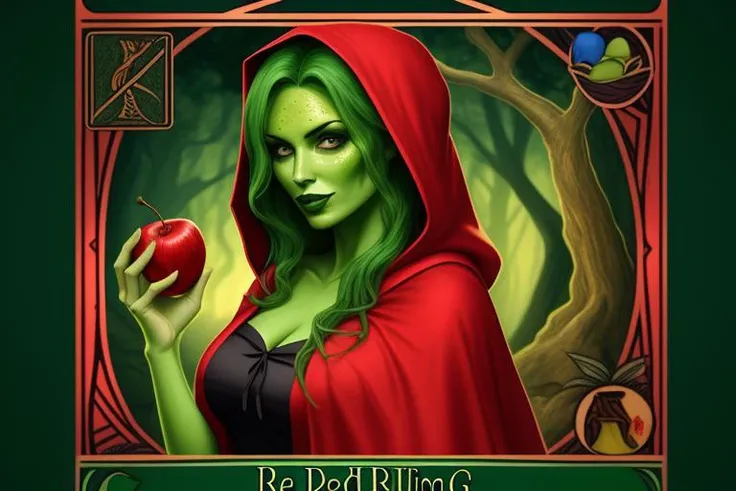 Adult Red Riding Hood, green skin <lyco:ColoredSkin-000019:0.7>, holding an apple, tarot card style