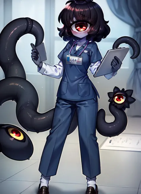 ((best quality)), ((highly detailed)), masterpiece, absurdres, (detailed eyes, deep eyes), <lora:more_details:.2>, (1girl), full body, <lora:ClothingMedicalScrubs0:1>, blue scrubs, pants, name tag, holding clipboard, loafers, <lora:hairdetailer:.6>, <lora:aiomonstergirls_aiov4LoraLycoris:1>, ((gazer)), dark grey hair, short hair, <lora:animeCyclops_v10:.9>, cyclop, (cyclops), one-eyed, yellow colored sclera, redcolored eyes, tentacles, extra eyes, <lora:coloredSkin:0.4>, (colored skin, grey skin), medium breasts, inside, in a hospital