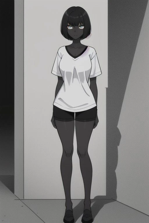 a 18 year old woman, short black hair, pitch black skin, black skin, very tall, skinny, lurking in the shadows