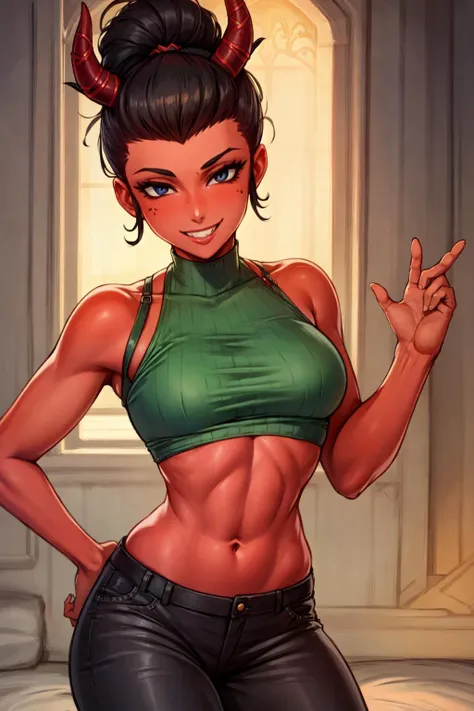 (masterpiece:1.2), (best quality:1.2), perfect eyes, perfect face, perfect lighting, 1girl, mature female, medium black hair, pompadour cut, smiling, crop top, demon, horns, fantasy, (red skin:1.2)  <lora:coloredSkinBETACONCEPT_v106:0.5>