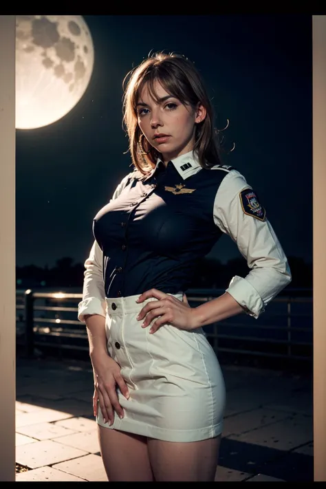pinhole photography photo of ChristyMarks, (wearing pilot uniform:1.3), moon, upper body, cinematic lighting, eye level, <lora:ChristyMarks:1>