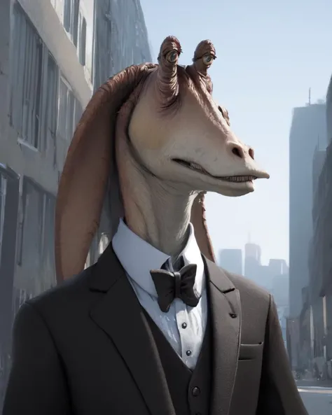 realistic detailed photorealism
half-length portrait, city background, night
solo, anthro, male gungan, tuxedo, <lora:gungan:1>