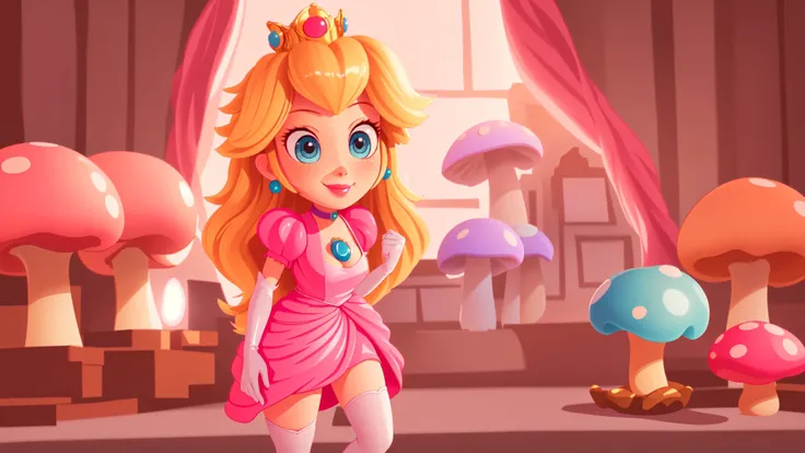 highres,bright,beautiful light,masterpiece,perfect lighting,bloom,cinematic lighting,cowboy shot,adult,choker,blue eyes,sensual,mushrooms,mushroom kingdom,(day:1.3),looking at viewer,(PrincessPeach),female,skinny,<lora:mpeachv6:0.8>,smile,pursed lips,((glossy lips)),narrow waist,perfect skin,detailed eyes,pink lips,shiny,oily skin,glossy skin,shiny clothes,standing,(high heels),(cleavage),thighhighs,