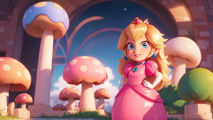 highres,bright,beautiful light,masterpiece,perfect lighting,bloom,cinematic lighting,cowboy shot,adult,choker,blue eyes,sensual,mushrooms,mushroom kingdom,(day:1.3),looking at viewer,(PrincessPeach),female,skinny,<lora:mpeachv6:0.8>,smile,pursed lips,((glossy lips)),narrow waist,perfect skin,detailed eyes,pink lips,shiny,oily skin,glossy skin,shiny clothes,standing,high heels,