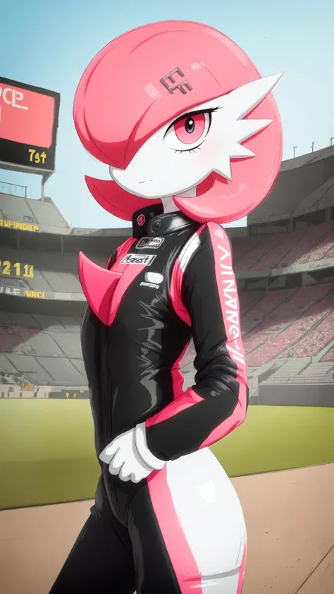 race track,outdoors,raod,stadium,(depth of field:0.65),masterpiece,best_quality,female focus,game freak,pokemon \(creature\),pokemon\game\,<lora:gardevoir_V2:1>,multicolored skin,short hair,gardevoir,flat chest,1girl,solo,(pink hair),nintendo,pokemon,bangs,colored skin,gen 3 pokemon,hair over one eye,two-tone skin,white skin,(gardevoir wearing a black and pink racing suit:1.2),