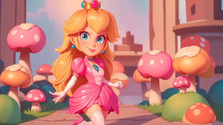 highres,bright,beautiful light,masterpiece,perfect lighting,bloom,cinematic lighting,cowboy shot,adult,choker,blue eyes,sensual,mushrooms,mushroom kingdom,(day:1.3),looking at viewer,(PrincessPeach),female,skinny,<lora:mpeachv6:0.8>,smile,pursed lips,((glossy lips)),narrow waist,perfect skin,detailed eyes,pink lips,shiny,oily skin,glossy skin,shiny clothes,standing,(high heels),(cleavage),thighhighs,
