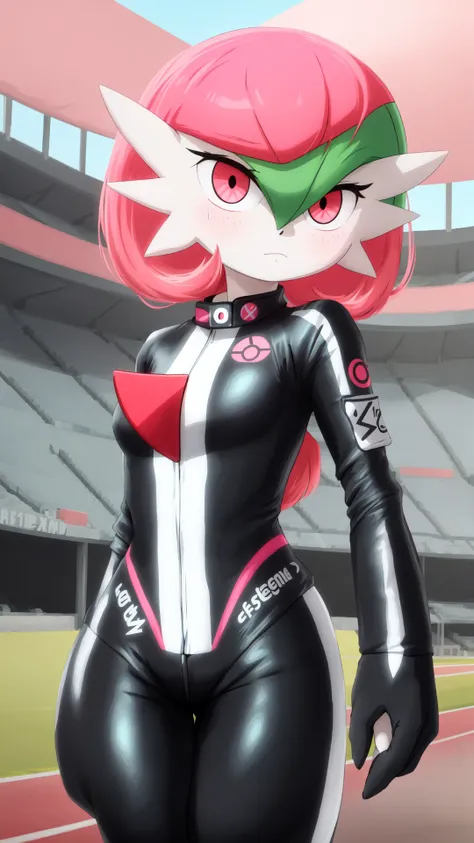race track,outdoors,raod,stadium,(depth of field:0.65),masterpiece,best_quality,female focus,game freak,pokemon \(creature\),pokemon\game\,<lora:gardevoir_V2:1>,multicolored skin,short hair,gardevoir,flat chest,1girl,solo,(pink hair),nintendo,pokemon,bangs,colored skin,gen 3 pokemon,hair over one eye,two-tone skin,white skin,(gardevoir wearing a black and pink racing suit:1.2),