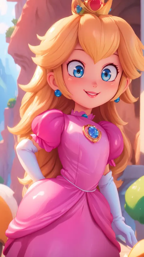 highres,bright,beautiful light,masterpiece,perfect lighting,bloom,cinematic lighting,cowboy shot,adult,choker,blue eyes,sensual,mushrooms,mushroom kingdom,(day:1.3),looking at viewer,(PrincessPeach),female,skinny,<lora:mpeachv6:0.8>,smile,pursed lips,((glossy lips)),narrow waist,perfect skin,detailed eyes,pink lips,shiny,oily skin,glossy skin,shiny clothes,