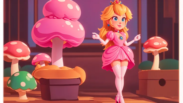 highres,bright,beautiful light,masterpiece,perfect lighting,bloom,cinematic lighting,cowboy shot,adult,choker,blue eyes,sensual,mushrooms,mushroom kingdom,(day:1.3),looking at viewer,(PrincessPeach),female,skinny,<lora:mpeachv6:0.8>,smile,pursed lips,((glossy lips)),narrow waist,perfect skin,detailed eyes,pink lips,shiny,oily skin,glossy skin,shiny clothes,standing,(high heels),(cleavage),thighhighs,