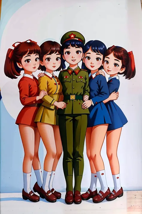 group of asian girls huddled together, bottomless, barefoot, holding each other, north korean military uniforms, north korea flag, (masterpiece, high quality, best quality intricate, detailed), <lora:DPRKPropaganda:0.8>