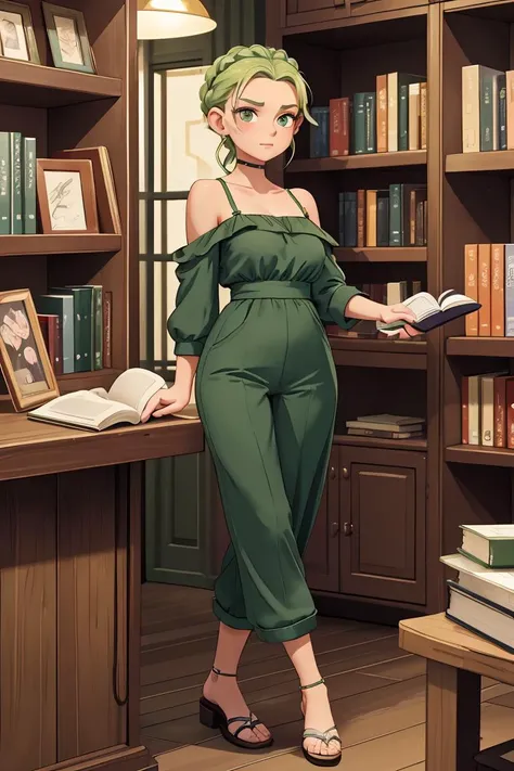 (masterpiece, best quality), female geriatric, builky, european, dark green eyes, small ears, unique nose, curved forehead, , emerald green milkmaid braid hair, admiration wearing gaucho jumpsuit, cold-shoulder blouse, flip-flops, , crossed legs, standing with legs crossed, showcasing elegance and seduction, neon lighting, vibrant, colorful lights adding a modern and edgy touch to romantic scenes, a lively bookstore, with cozy reading nooks and book lovers browsing the shelves