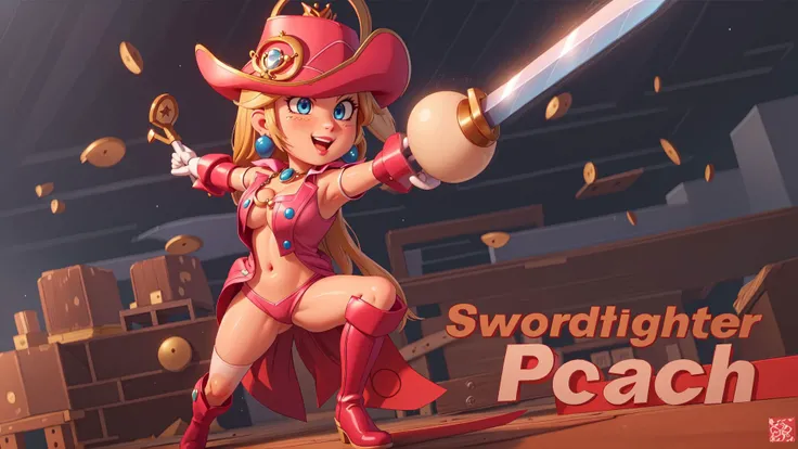 (best quality),(highly detailed),masterpiece,detailed face,beautiful face,(detailed eyes, deep eyes),full body,earrings,(grin:0.9),pink elbow gloves,pink thighboots,necklace,earrings,jewelry,earrings,thighhighs,1girl,solo,blush,looking_at_viewer,lace,highres,absurdres,huge filesize,lipstick,mole,blue eyes,<lora:PrincessPeachMovie:0.8>,PrincessPeach,pirate hat,pirate boots,pirate themed stage,stage background,stage lights,sword,holding weapon,text,english text,pirate costume,navel,