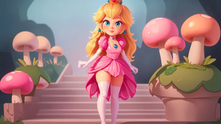 highres,bright,beautiful light,masterpiece,perfect lighting,bloom,cinematic lighting,cowboy shot,adult,choker,blue eyes,sensual,mushrooms,mushroom kingdom,(day:1.3),looking at viewer,(PrincessPeach),female,skinny,<lora:mpeachv6:0.8>,smile,pursed lips,((glossy lips)),narrow waist,perfect skin,detailed eyes,pink lips,shiny,oily skin,glossy skin,shiny clothes,standing,(high heels),(cleavage),thighhighs,