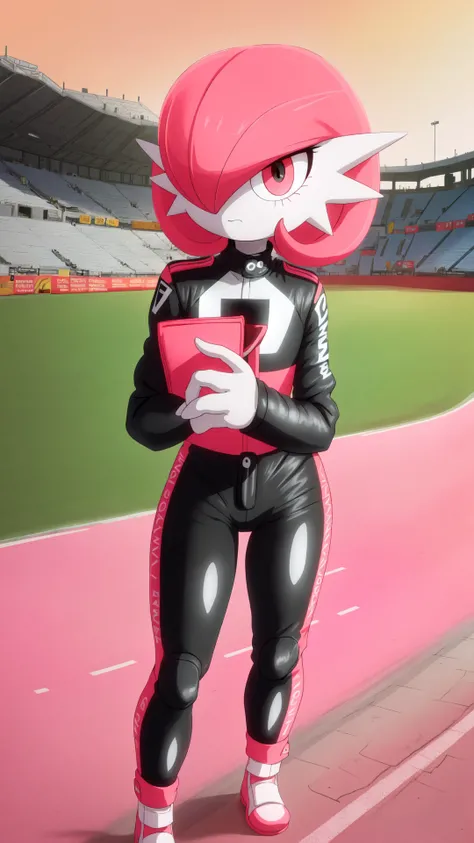race track,outdoors,raod,stadium,(depth of field:0.65),masterpiece,best_quality,female focus,game freak,pokemon \(creature\),pokemon\game\,<lora:gardevoir_V2:1>,multicolored skin,short hair,gardevoir,flat chest,1girl,solo,(pink hair),nintendo,pokemon,bangs,colored skin,gen 3 pokemon,hair over one eye,two-tone skin,white skin,(gardevoir wearing a black and pink racing suit:1.2),