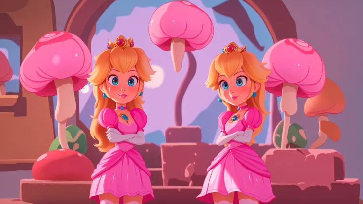 highres,bright,beautiful light,masterpiece,perfect lighting,bloom,cinematic lighting,cowboy shot,adult,choker,blue eyes,sensual,mushrooms,mushroom kingdom,(day:1.3),looking at viewer,(PrincessPeach),female,skinny,<lora:mpeachv6:0.8>,smile,pursed lips,((glossy lips)),narrow waist,perfect skin,detailed eyes,pink lips,shiny,oily skin,glossy skin,shiny clothes,standing,(high heels),(cleavage),thighhighs,