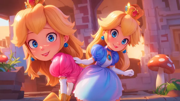 highres,bright,beautiful light,masterpiece,perfect lighting,bloom,cinematic lighting,cowboy shot,adult,choker,blue eyes,sensual,mushrooms,mushroom kingdom,(day:1.3),looking at viewer,(PrincessPeach),female,skinny,<lora:mpeachv6:0.8>,smile,pursed lips,((glossy lips)),narrow waist,perfect skin,detailed eyes,pink lips,shiny,oily skin,glossy skin,shiny clothes,standing,high heels,