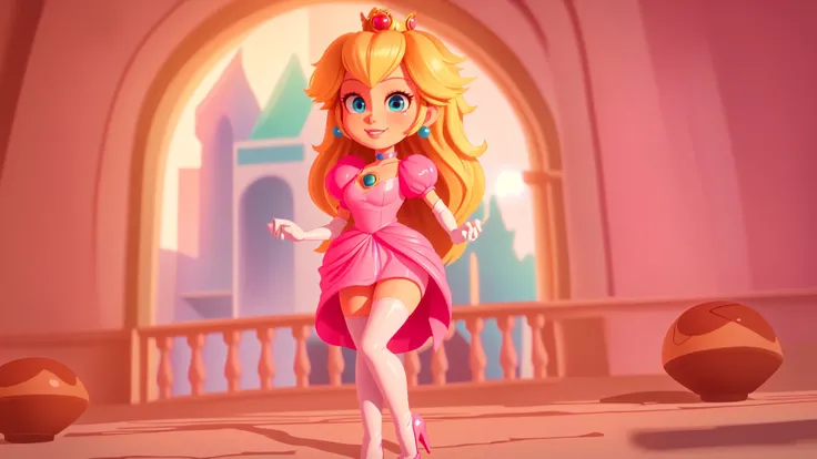 highres,bright,beautiful light,masterpiece,perfect lighting,bloom,cinematic lighting,cowboy shot,adult,choker,blue eyes,sensual,mushrooms,mushroom kingdom,(day:1.3),looking at viewer,(PrincessPeach),female,skinny,<lora:mpeachv6:0.8>,smile,pursed lips,((glossy lips)),narrow waist,perfect skin,detailed eyes,pink lips,shiny,oily skin,glossy skin,shiny clothes,standing,(high heels),(cleavage),thighhighs,