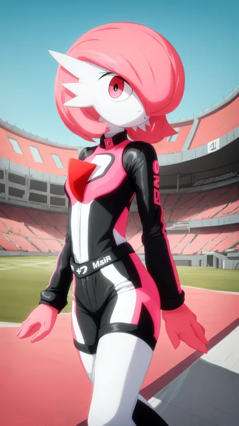 race track,outdoors,raod,stadium,(depth of field:0.65),masterpiece,best_quality,female focus,game freak,pokemon \(creature\),pokemon\game\,<lora:gardevoir_V2:1>,multicolored skin,short hair,gardevoir,flat chest,1girl,solo,(pink hair),nintendo,pokemon,bangs,colored skin,gen 3 pokemon,hair over one eye,two-tone skin,white skin,(gardevoir wearing a black and pink racing suit:1.2),
