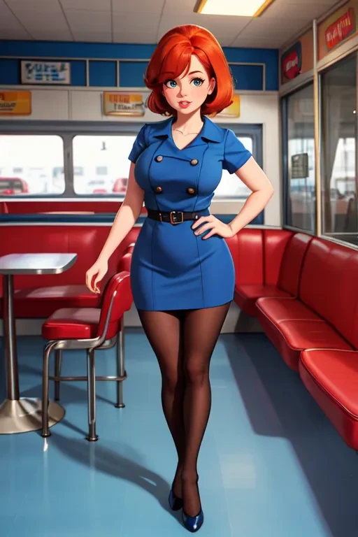 professional photo of cute busty redheaded woman, standing, blue 60s minidress, pantyhose, black heels, American-style diner, 1960s style