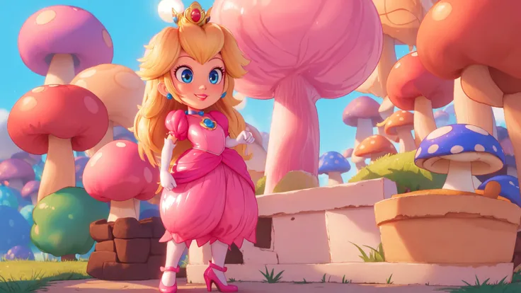 highres,bright,beautiful light,masterpiece,perfect lighting,bloom,cinematic lighting,cowboy shot,adult,choker,blue eyes,sensual,mushrooms,mushroom kingdom,(day:1.3),looking at viewer,(PrincessPeach),female,skinny,<lora:mpeachv6:0.8>,smile,pursed lips,((glossy lips)),narrow waist,perfect skin,detailed eyes,pink lips,shiny,oily skin,glossy skin,shiny clothes,standing,high heels,