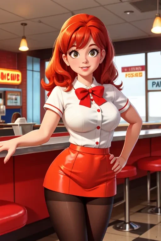professional photo of cute busty redheaded waitress, standing, pantyhose, American-style diner, 1960s style