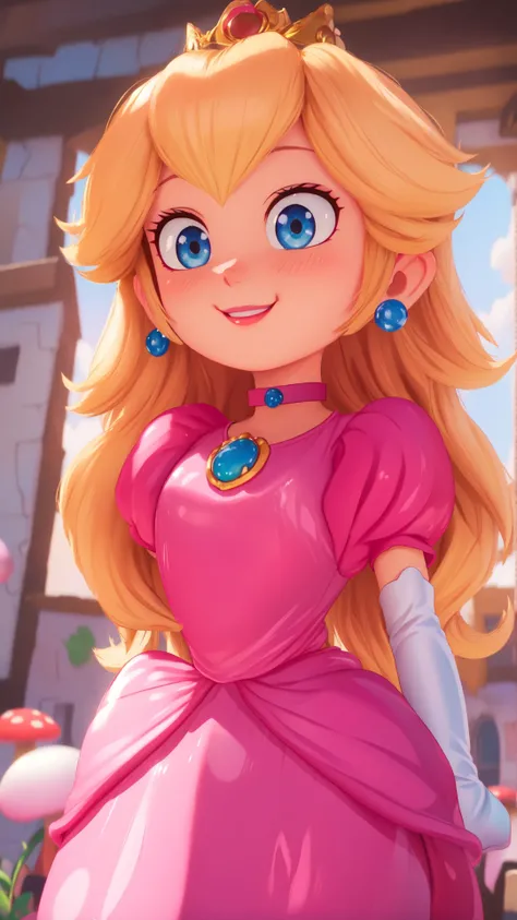 highres,bright,beautiful light,masterpiece,perfect lighting,bloom,cinematic lighting,cowboy shot,adult,choker,blue eyes,sensual,mushrooms,mushroom kingdom,(day:1.3),looking at viewer,(PrincessPeach),female,skinny,<lora:mpeachv6:0.8>,smile,pursed lips,((glossy lips)),narrow waist,perfect skin,detailed eyes,pink lips,shiny,oily skin,glossy skin,shiny clothes,