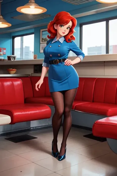 professional photo of cute busty redheaded woman, standing, blue 60s minidress, pantyhose, black heels, American-style diner, 1960s style