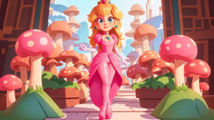 highres,bright,beautiful light,masterpiece,perfect lighting,bloom,cinematic lighting,cowboy shot,adult,choker,blue eyes,sensual,mushrooms,mushroom kingdom,(day:1.3),looking at viewer,(PrincessPeach),female,skinny,<lora:mpeachv6:0.8>,smile,pursed lips,((glossy lips)),narrow waist,perfect skin,detailed eyes,pink lips,shiny,oily skin,glossy skin,shiny clothes,standing,(high heels),(cleavage),