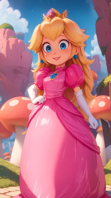 highres,bright,beautiful light,masterpiece,perfect lighting,bloom,cinematic lighting,cowboy shot,adult,choker,blue eyes,sensual,mushrooms,mushroom kingdom,(day:1.3),looking at viewer,(PrincessPeach),female,skinny,<lora:mpeachv6:0.8>,smile,pursed lips,((glossy lips)),narrow waist,perfect skin,detailed eyes,pink lips,shiny,oily skin,glossy skin,shiny clothes,