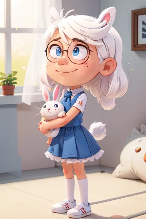 <lora:LincolnLoud1:0.8> 1 cute very thin Lincoln in sunset glasses stands and hugs a white plush rabbit, sexy pose, a bunny tail, a short white hair, white bunny ears, white walls, 8k, top quality, high definition, the stars shines through the window, big blue eyes, 3d render, realistic style, arnold render, looks smiley at the camera, sad, in a room with plush toys, in a dark blue room, wallpaper stars <lora:body_size_control_v1.0:0.4> <lora:aki:0.6> correct anatomy of the body, correct anatomy of the limbs, correct anatomy of the ears, deviantart <lora:DetailedEyes_V3:1>