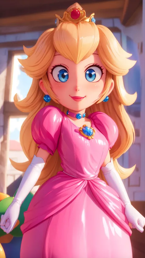 highres,bright,beautiful light,masterpiece,perfect lighting,bloom,cinematic lighting,cowboy shot,adult,choker,blue eyes,sensual,mushrooms,mushroom kingdom,(day:1.3),looking at viewer,(PrincessPeach),female,skinny,<lora:mpeachv6:0.8>,smile,pursed lips,((glossy lips)),narrow waist,perfect skin,detailed eyes,pink lips,shiny,oily skin,glossy skin,shiny clothes,