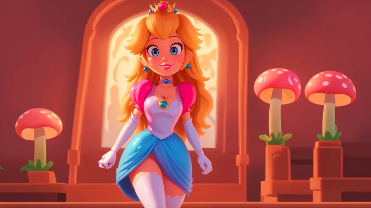 highres,bright,beautiful light,masterpiece,perfect lighting,bloom,cinematic lighting,cowboy shot,adult,choker,blue eyes,sensual,mushrooms,mushroom kingdom,(day:1.3),looking at viewer,(PrincessPeach),female,skinny,<lora:mpeachv6:0.8>,smile,pursed lips,((glossy lips)),narrow waist,perfect skin,detailed eyes,pink lips,shiny,oily skin,glossy skin,shiny clothes,standing,(high heels),(cleavage),thighhighs,